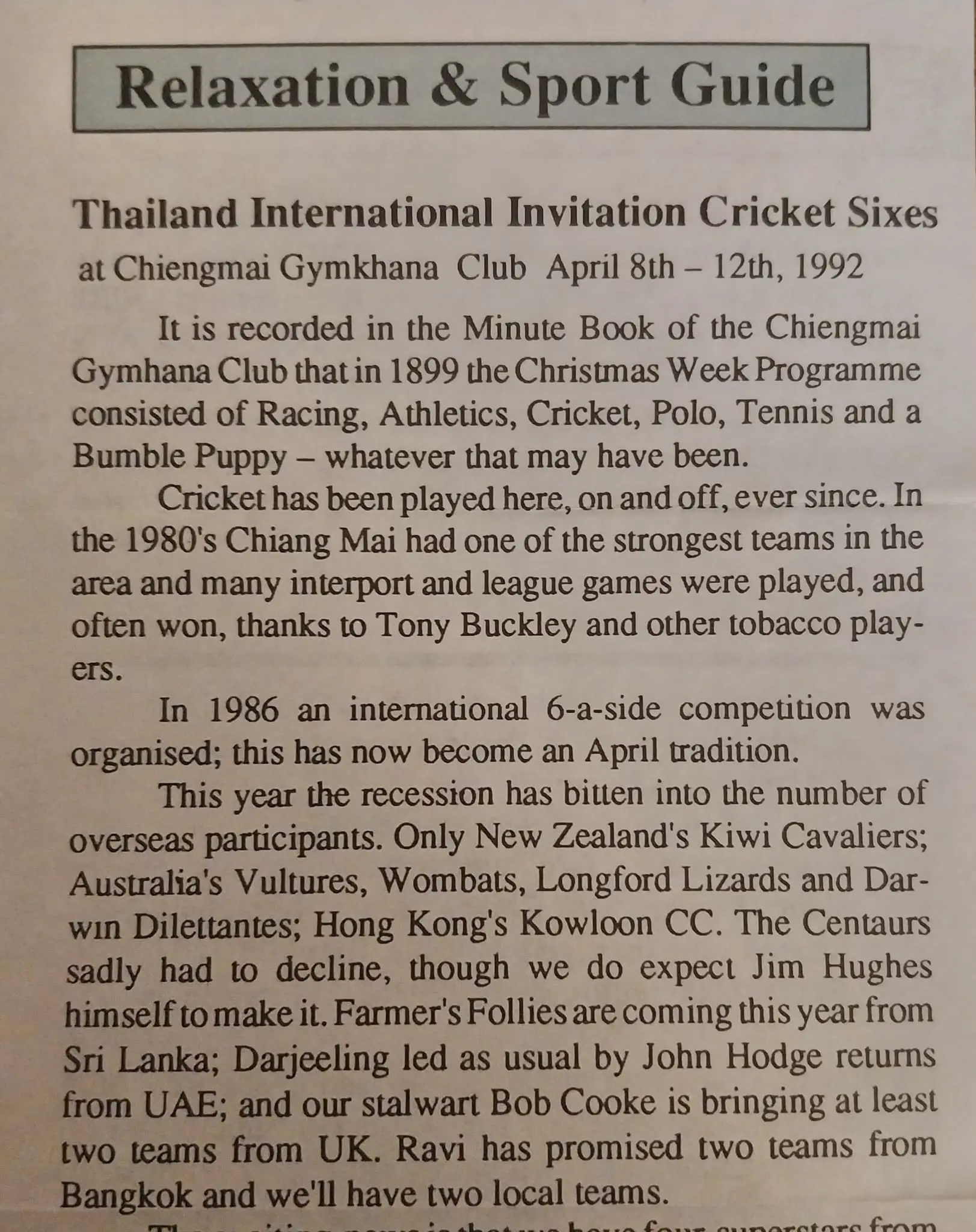 Chiang Mai Sixes cricket action, 1992