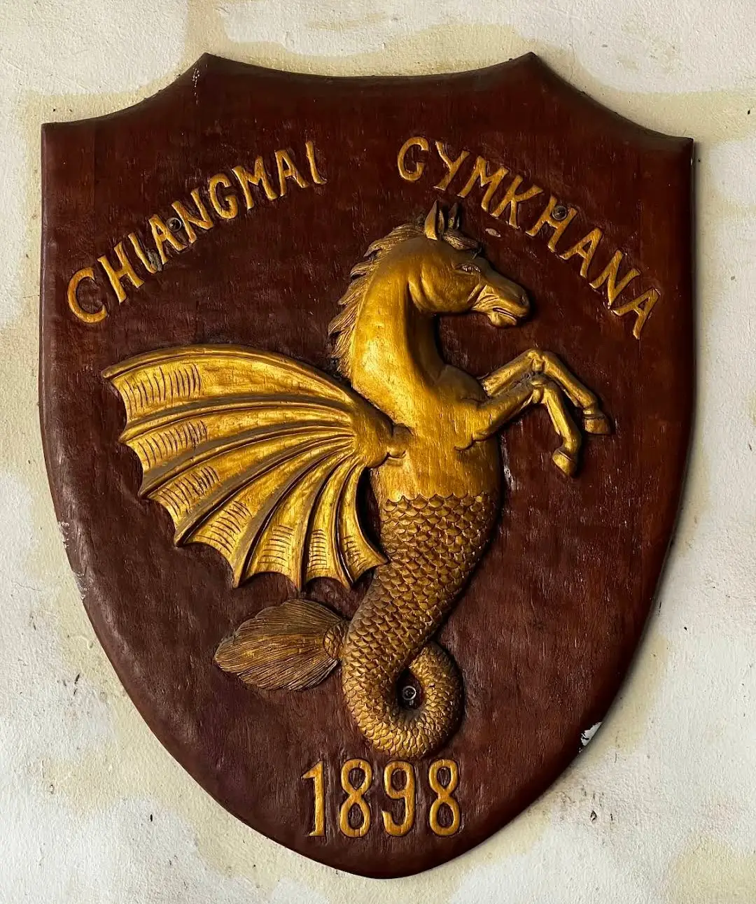 Chiang Mai Gymkhana Club crest wooden shield 1898